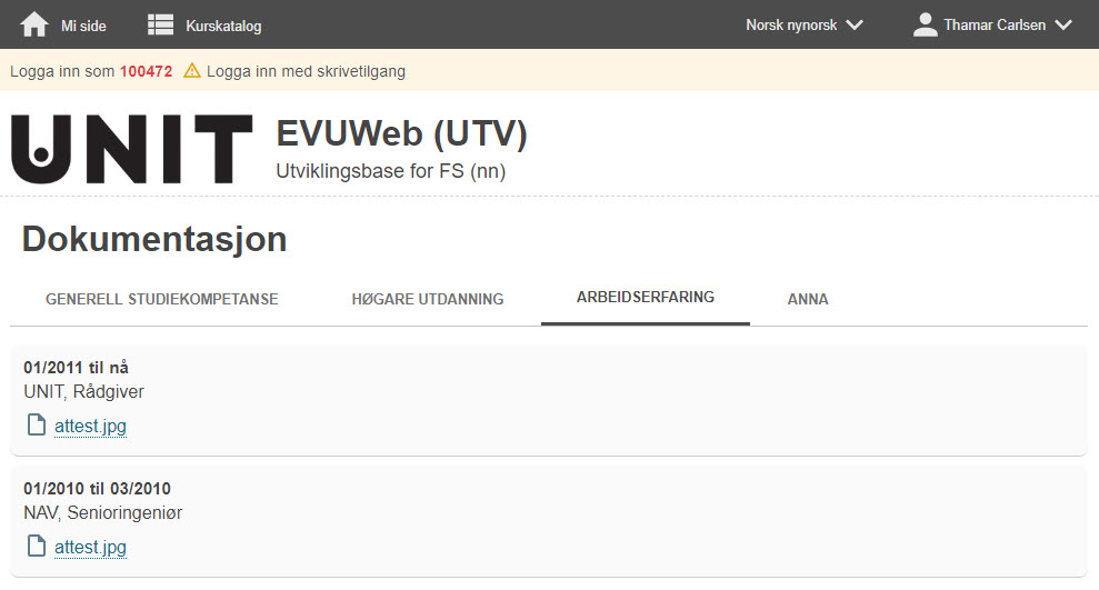 EVUweb - dokumentasjon - Arbeidserfaring, viser tidligere registrert arbeidserfaring for brukeren