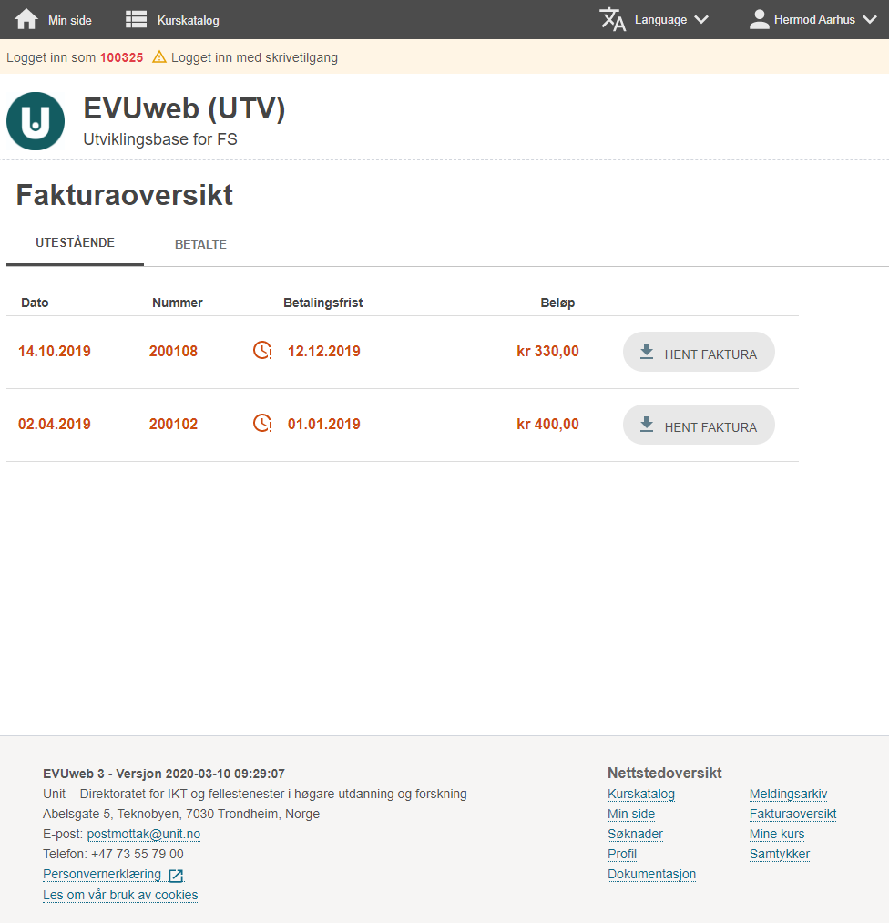 EVUweb: Fakturasiden. Ubetalte fakturaer listes opp under fanen Ubetalte.