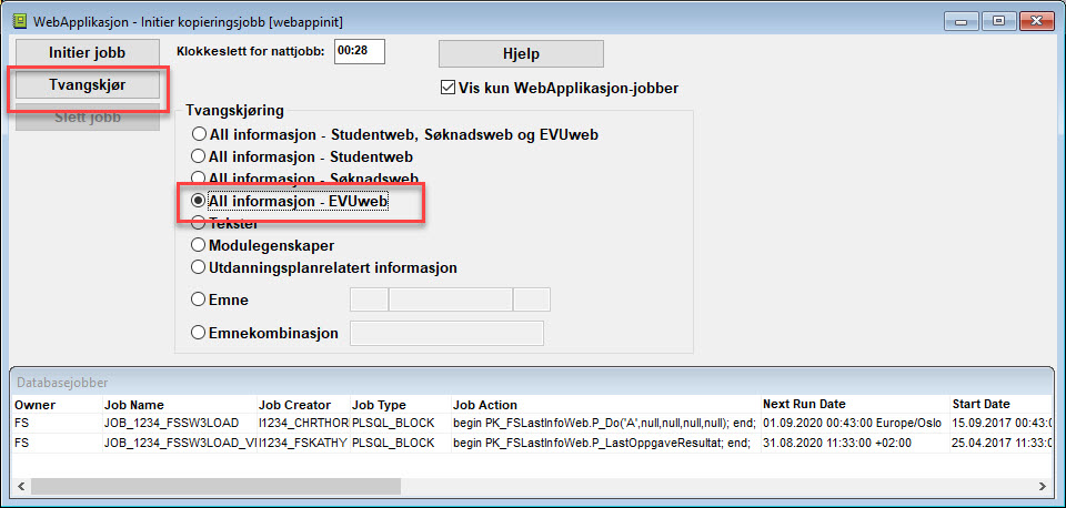 Webapplikasjon - initier koperingsjobb, all informasjon - EVUweb